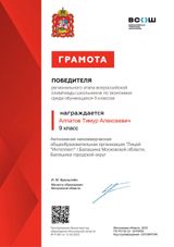 Победитель регионального этапа ВСОШ по экономике среди обучающихся 9 классов